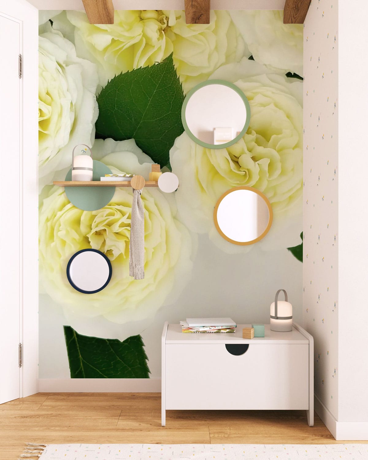 Cream Rose Floral Elegance wallpaper in hallway with white furniture and oak flooring for serene spaces