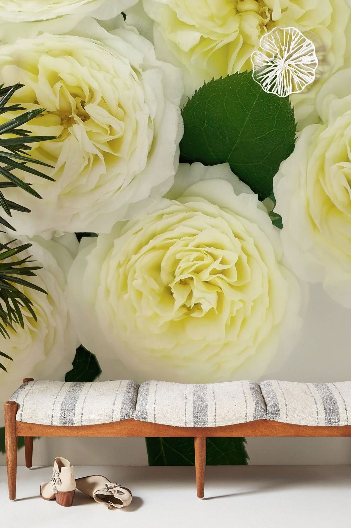 Cream Rose Floral wallpaper, serene space, striped bench, beige shoes, nature-inspired elegance, wooden flooring.