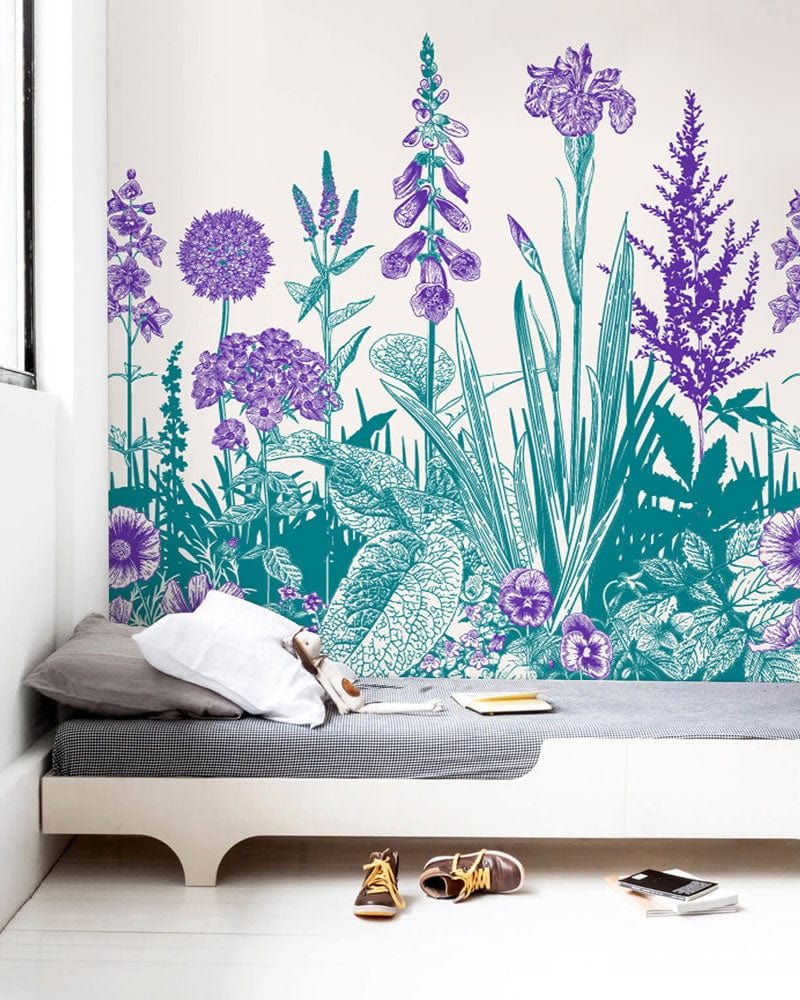 Elegant floral wallpaper in purple and teal beside modern minimalist daybed in contemporary styled room.