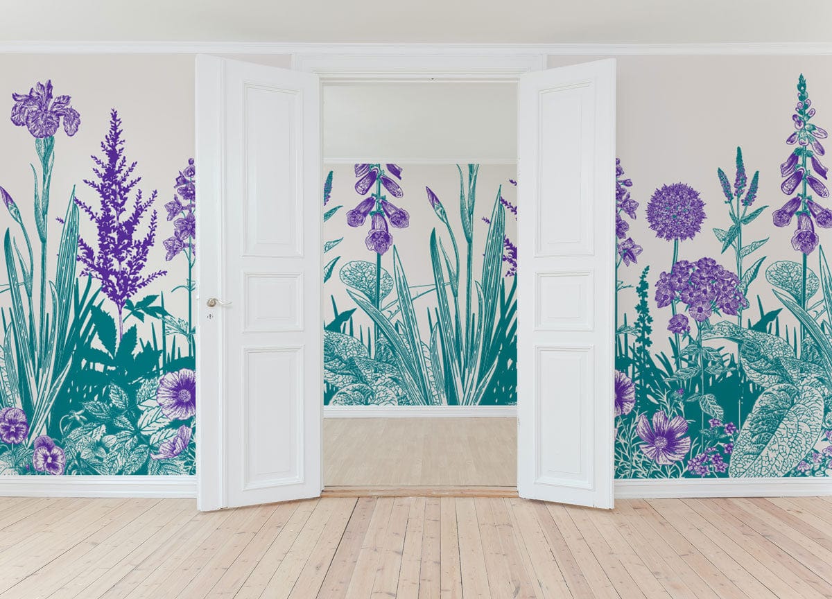 Elegant Vintage Style Floral Wallpaper in Purple and Teal with White Doors, Wooden Flooring.