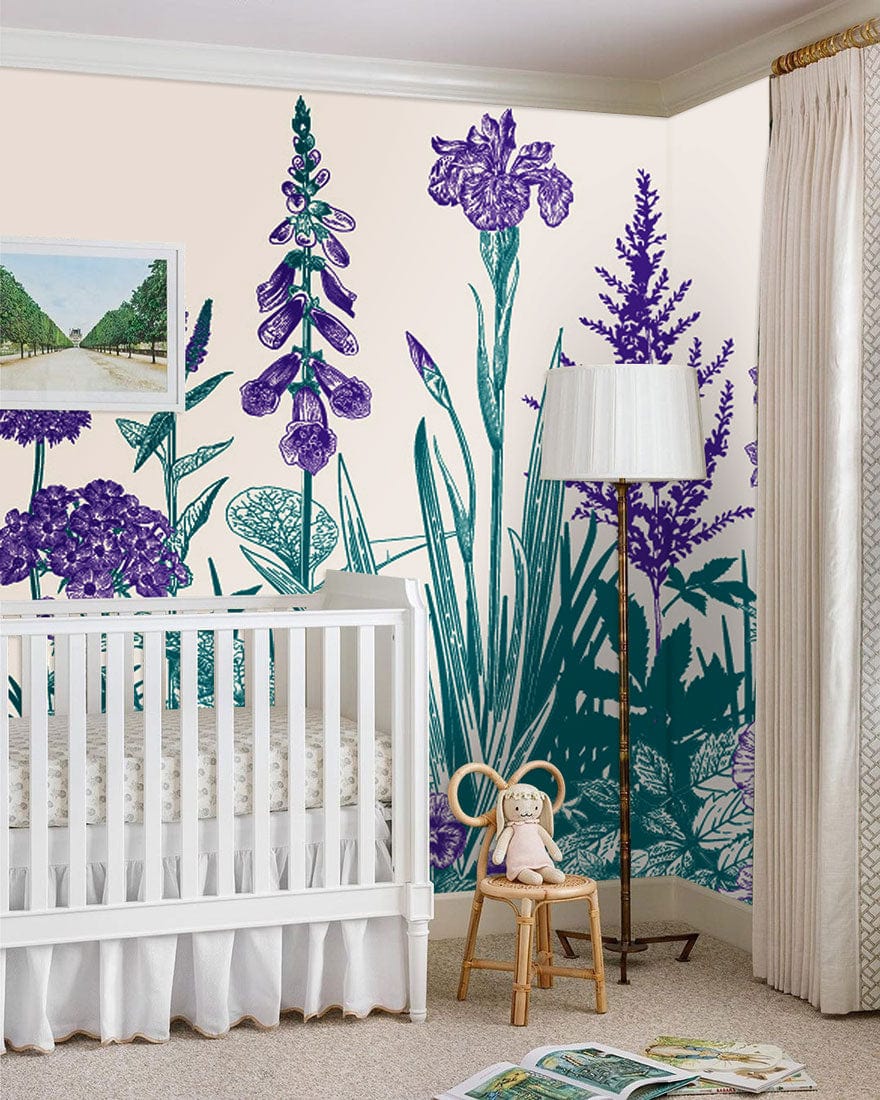 Elegant purple and teal floral wallpaper in nursery with white crib and standing lamp. Vintage style.