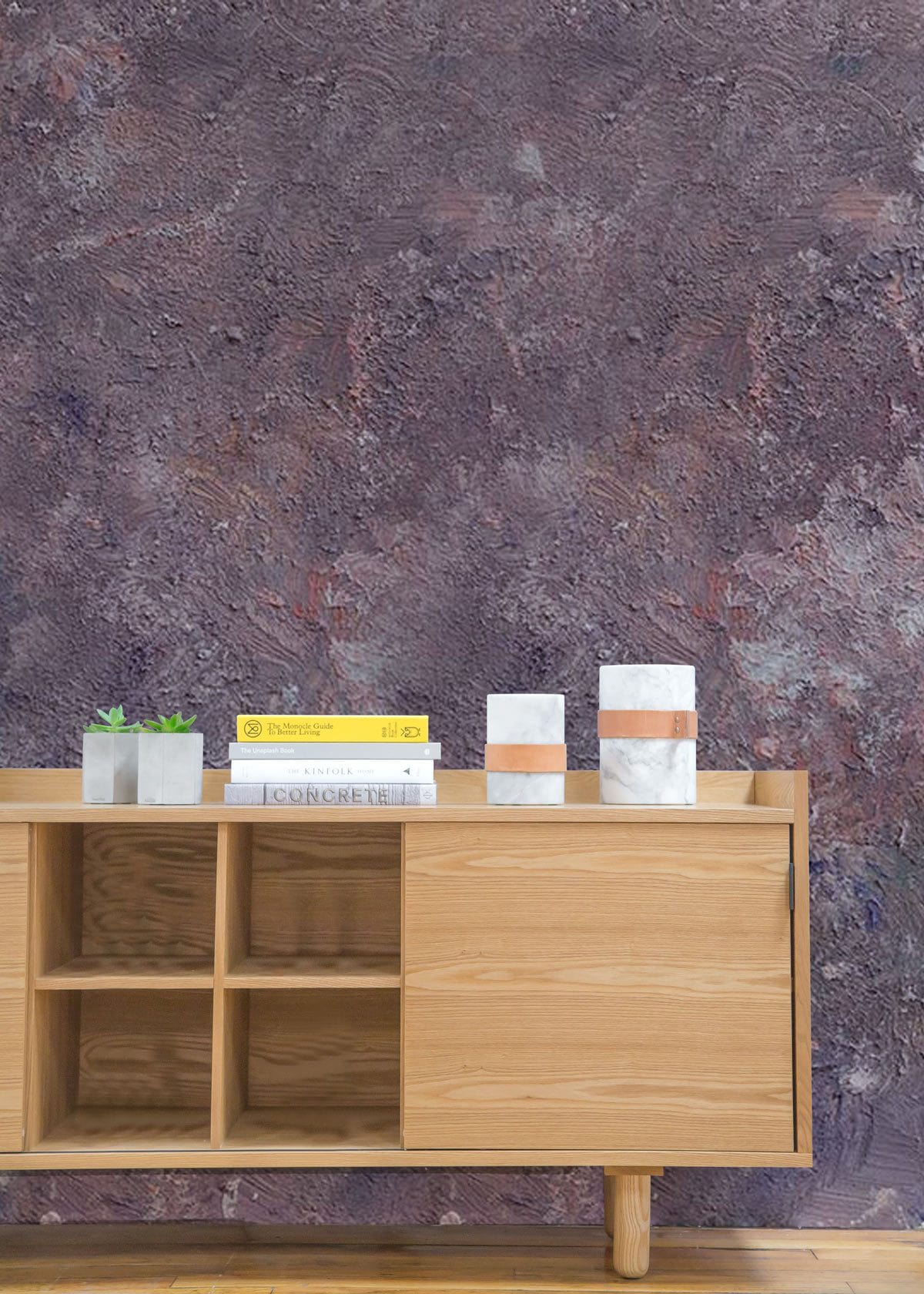 Elegant abstract purple wallpaper complements modern wood cabinet, showcasing sleek design and style.