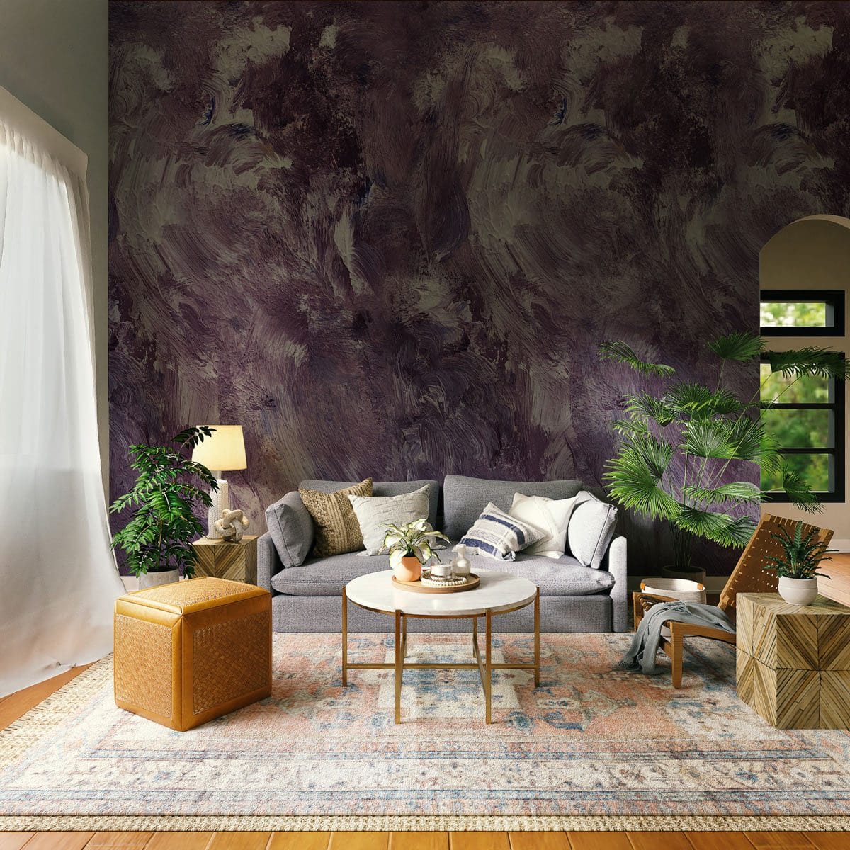Abstract purple and ivory wallpaper featuring modern brushstrokes in stylish living room with grey sofa.