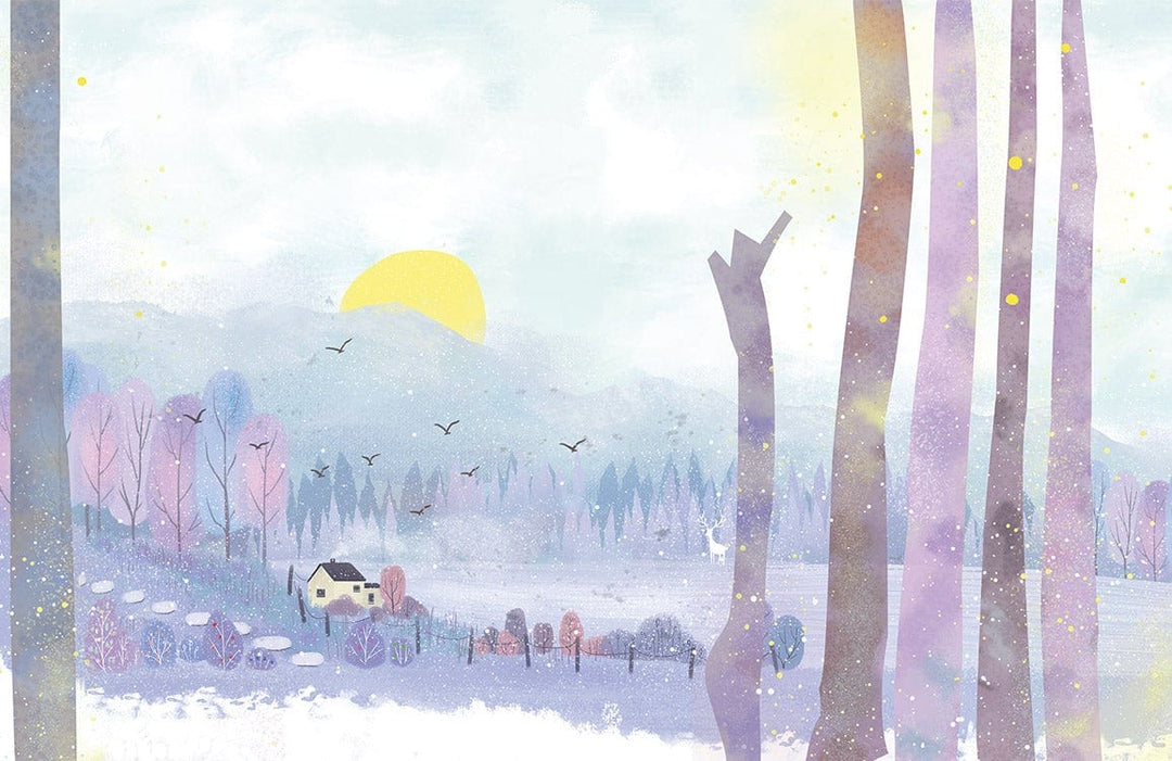 Pastel Winter Landscape Mural Wallpaper - Serene Purple and Yellow Vista