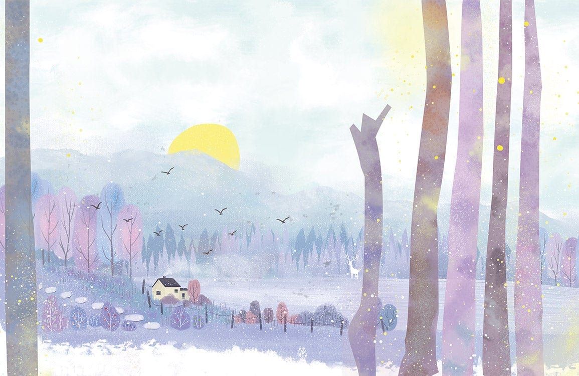 Pastel Winter Landscape Mural Wallpaper - Serene Purple and Yellow Vista