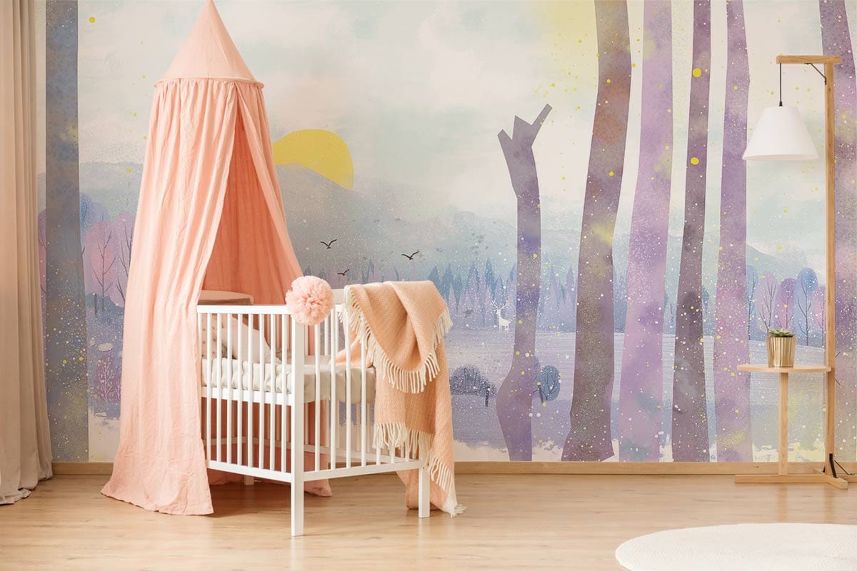 Pastel Winter Landscape Mural Wallpaper - nursery with pink canopy, white cot, wooden flooring.