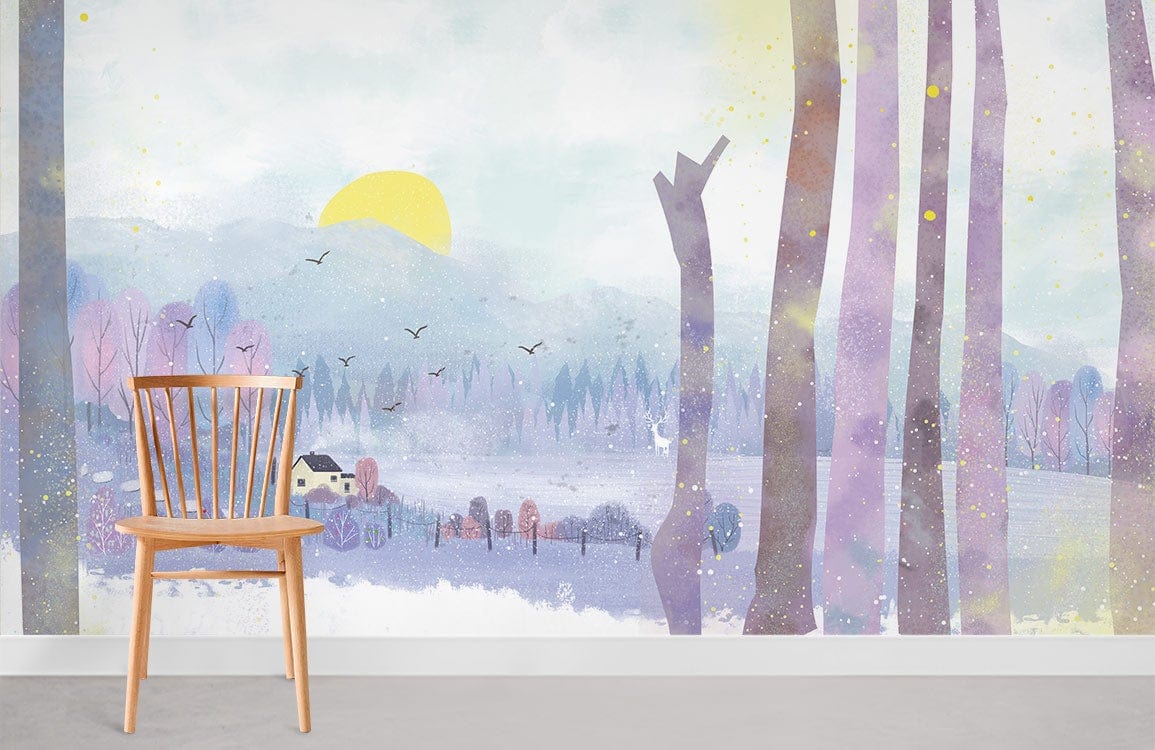 Pastel winter landscape mural with purple, yellow hues; wooden chair; grey flooring; serene decor.