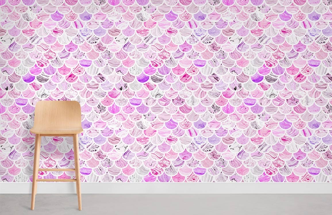 Elegant pink and lavender scallop pattern wallpaper in modern interior with wooden chair, grey floor.