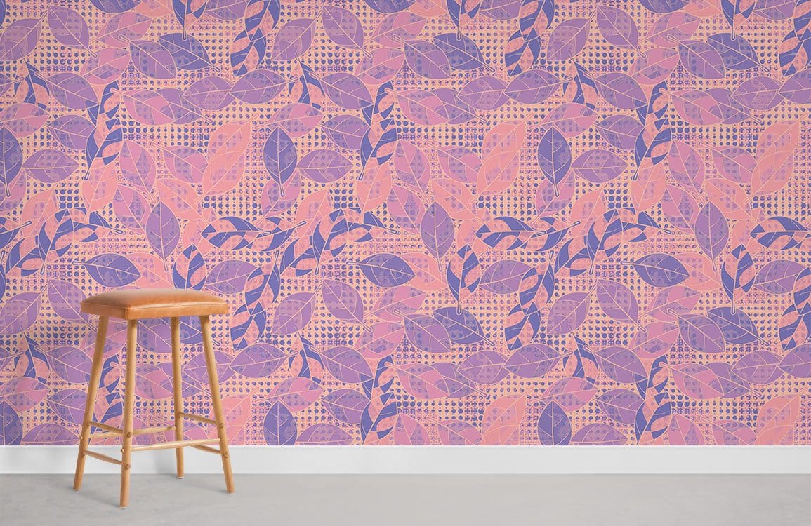 Vintage pastel leaf pattern wallpaper, soft purple and pink, wooden stool, grey flooring, living room.