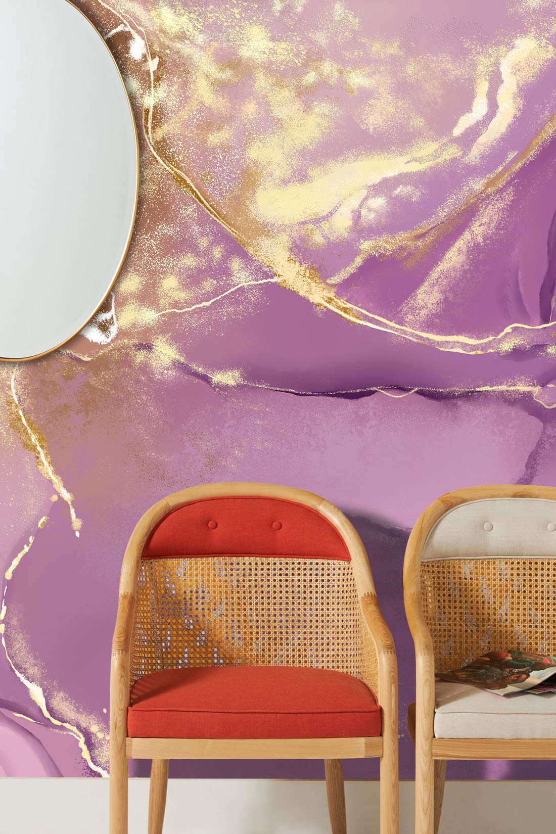 Elegant mural wallpaper with lavender and gold marble effect, featuring chic wooden chairs and mirror.