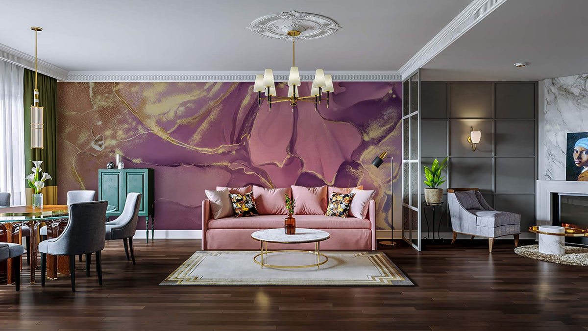 Elegant Lavender and Gold Marble Mural Wallpaper in chic living room with pink sofa, dark flooring.