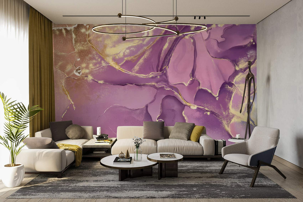 Elegant Lavender and Gold Marble Effect Mural Wallpaper in modern living room with beige sofa set.