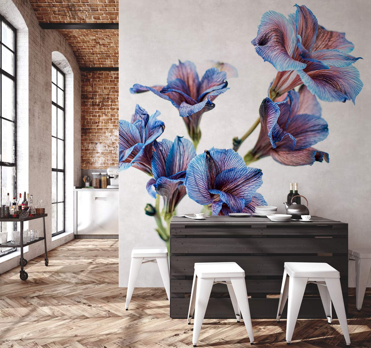 Modern kitchen with Blue and Purple Floral Elegance Wallpaper, industrial brick wall, wooden herringbone flooring.