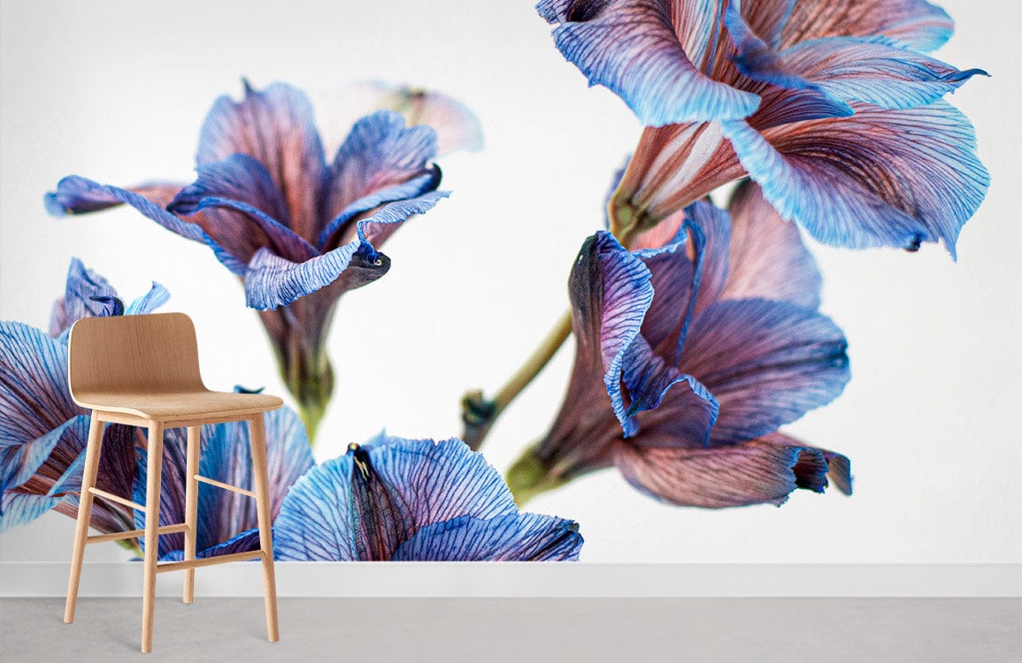 Blue and Purple Floral Wallpaper with Modern Botanical Design, light wood stool, concrete flooring, contemporary room.