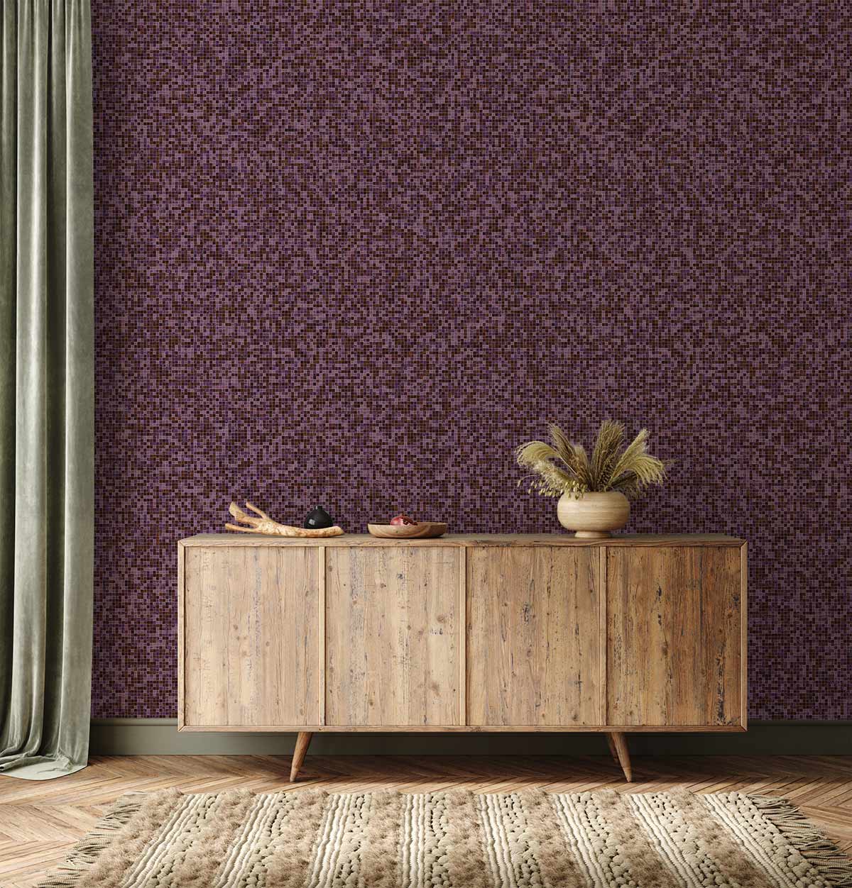 Luxurious purple abstract wallpaper with textured design, wooden sideboard, green curtains, and patterned rug.