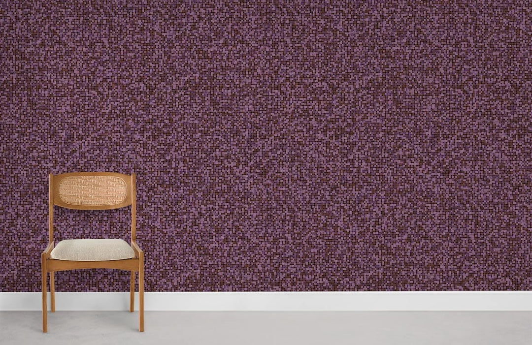 Luxurious purple textured wallpaper, wooden chair, elegant interior setting with grey flooring, stylish design.