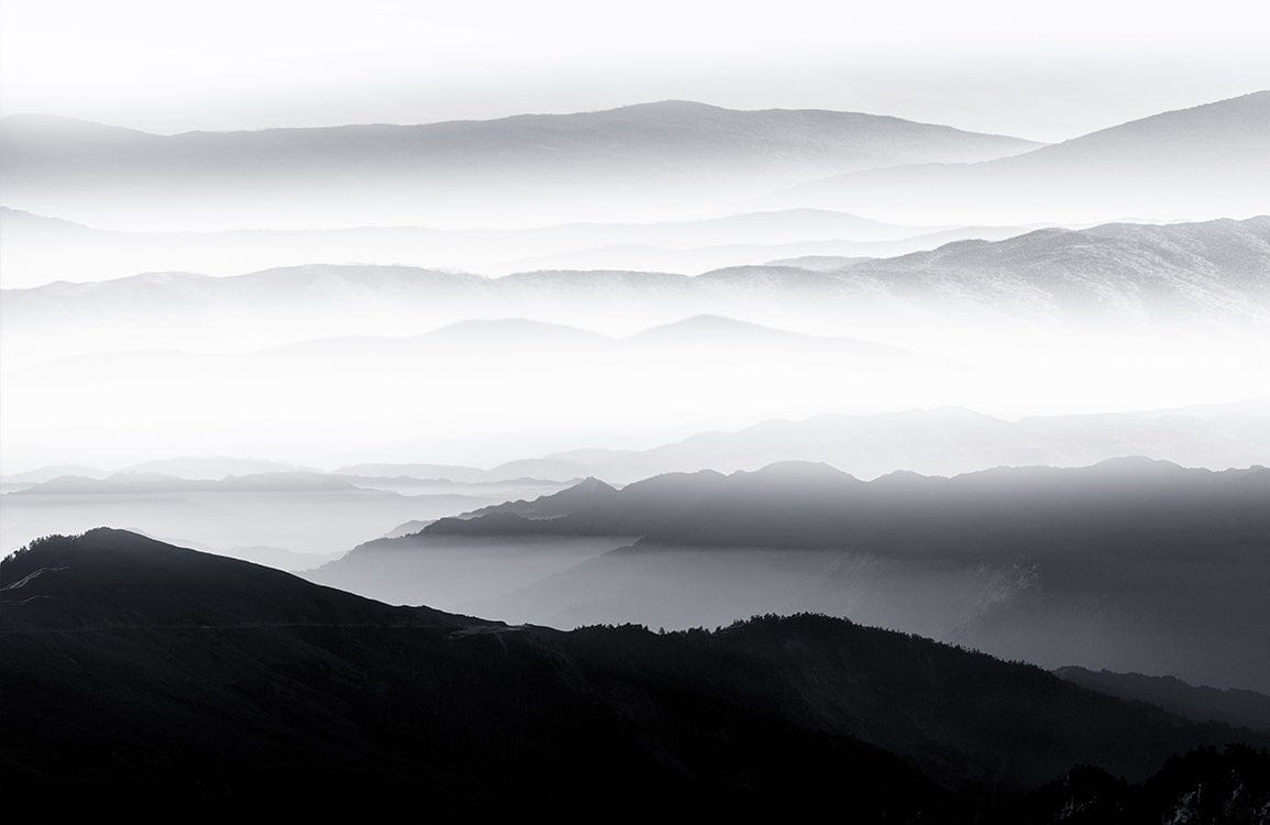 Misty Mountains Grey Scenic Mural Wallpaper for Serene Modern Interiors