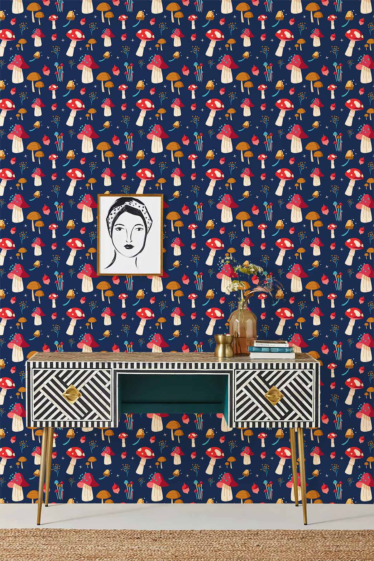 Whimsical Mushroom Wonderland Navy Wallpaper, geometric console, portrait artwork, decorative vase, and rug.