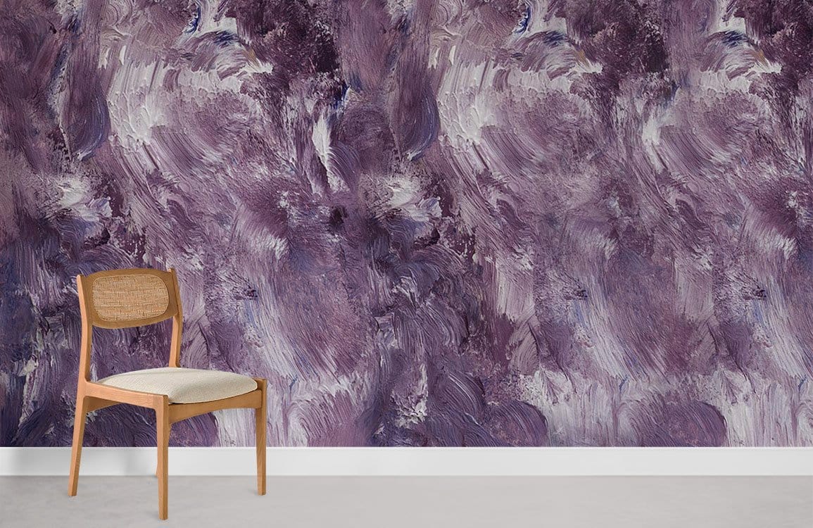 Abstract Purple and Ivory Brushstroke Wallpaper with simple wooden chair, modern artistic wall texture design.