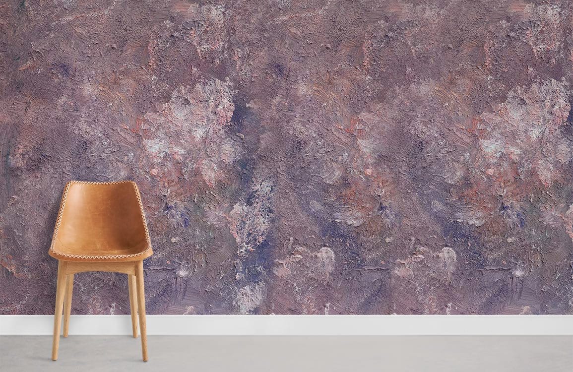 Elegant abstract purple wallpaper with textured blush hues, modern style, brown chair, grey flooring.