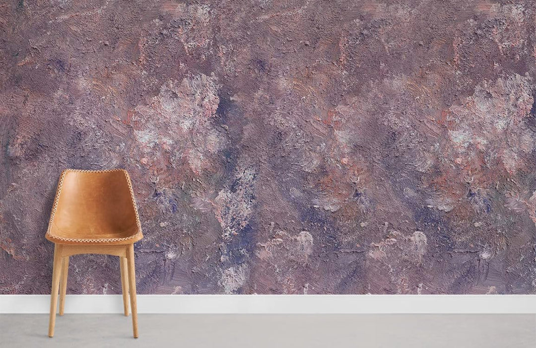Elegant abstract purple wallpaper with textured blush hues, modern style, brown chair, grey flooring.