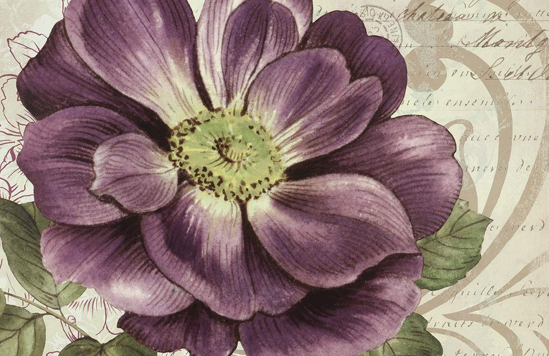 Vintage Purple Floral Elegance Mural Wallpaper with Script Accents - Classic Style