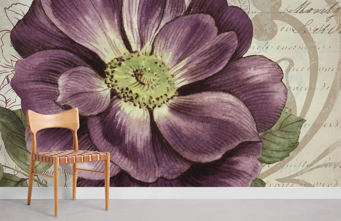 Alt text: Vintage purple floral mural wallpaper, script accents, wooden chair, Classic Style, light flooring.