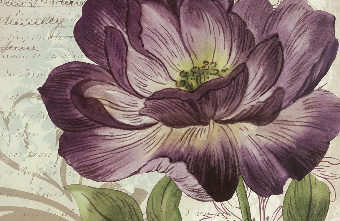 Vintage Floral Elegance Purple Peony Mural Wallpaper with Script Background