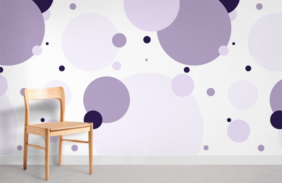 Lilac and Lavender Polka Dot Wallpaper in contemporary room with wooden chair and grey flooring.