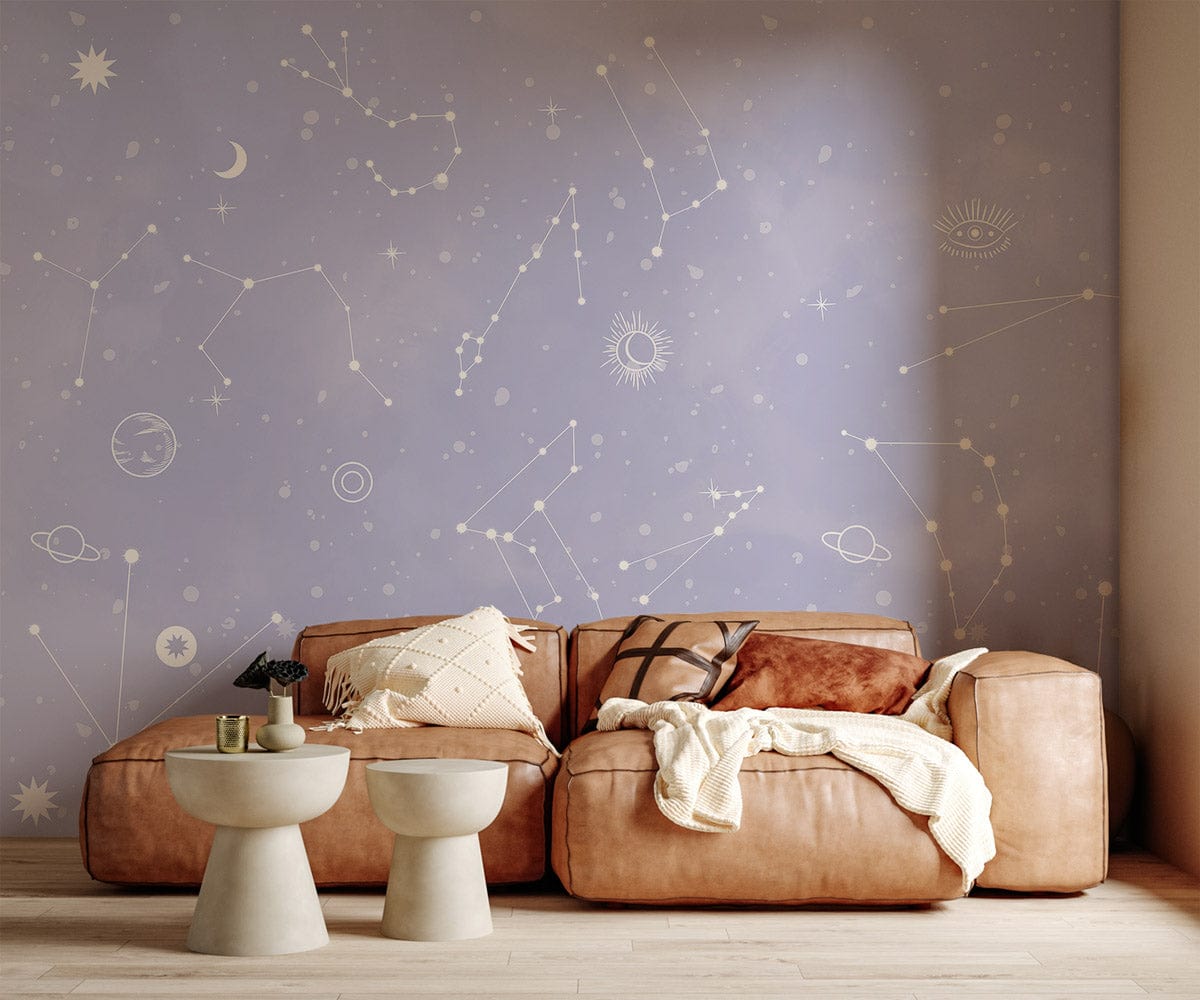 Lavender constellation pattern mural wallpaper, tan sofa, wooden flooring, celestial decor in modern living room.