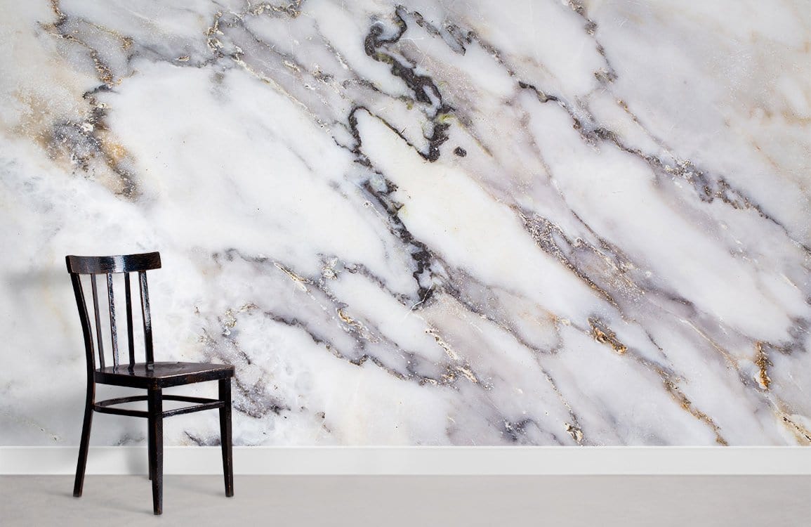 Elegant white marble texture wallpaper, wooden chair, minimalistic interior, luxury decor, grey flooring.