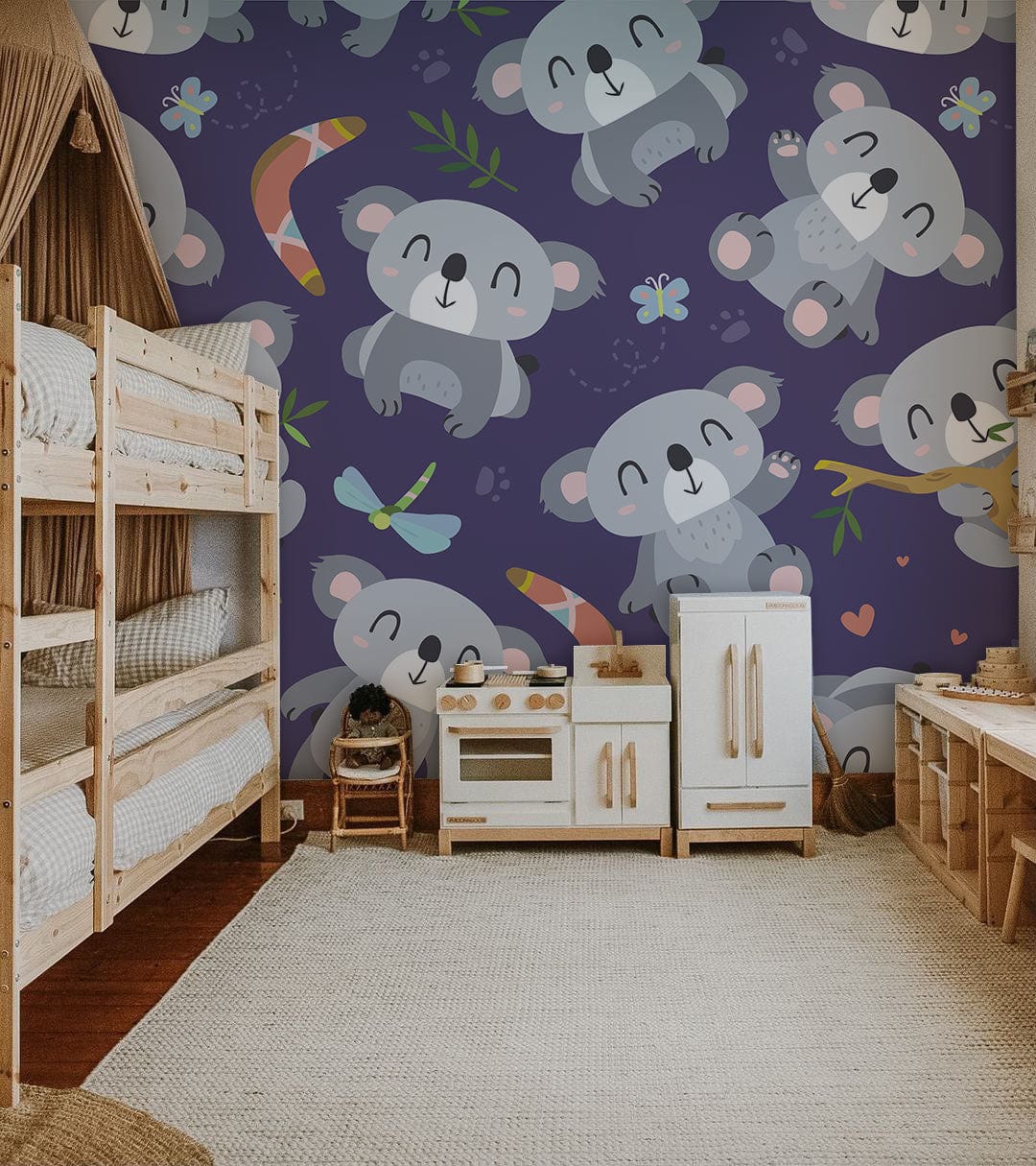 Grey Koala Dreams wallpaper in children's room, featuring bunk beds, play kitchen, neutral flooring, cute decor.