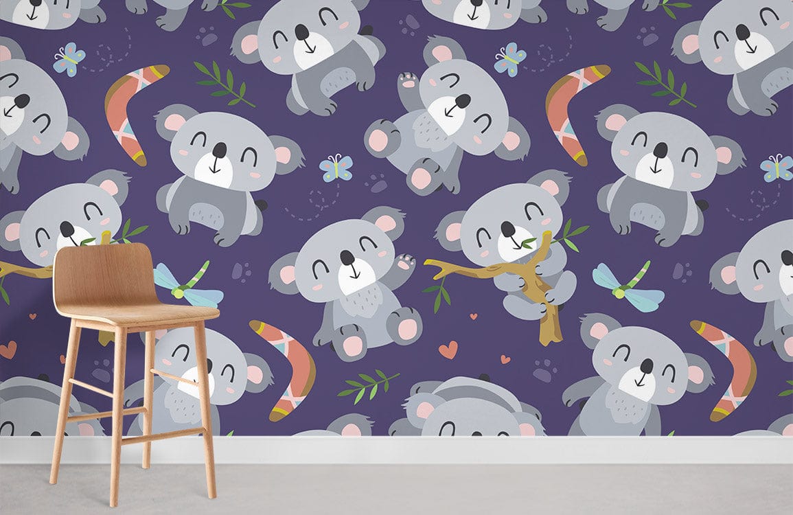 Grey Koala Dreams wallpaper with cute animals, wooden chair, children's room, cosy style, playful design.