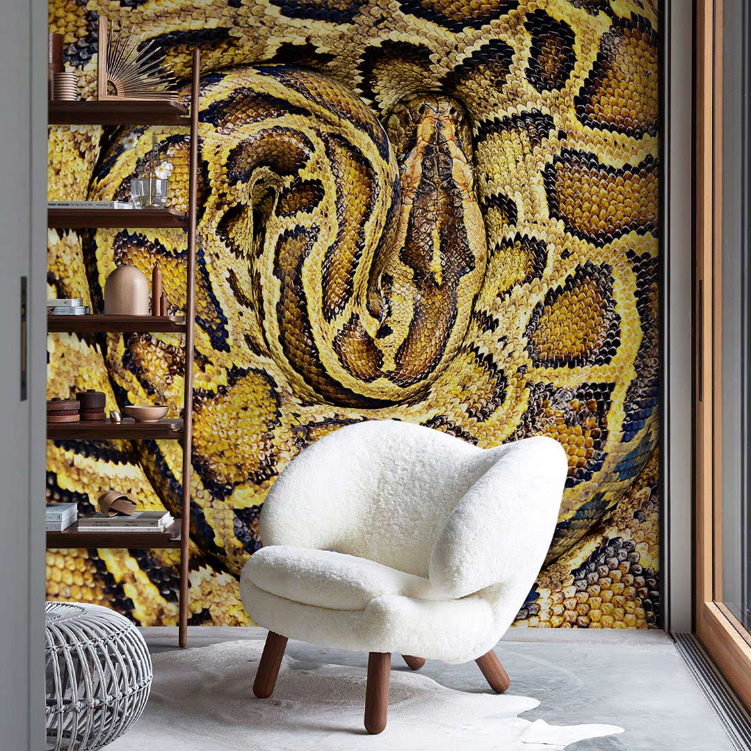 Exotic Golden Snake Pattern Wallpaper with White Chair, Wooden Shelving, Light Floor, Modern Room Decor.