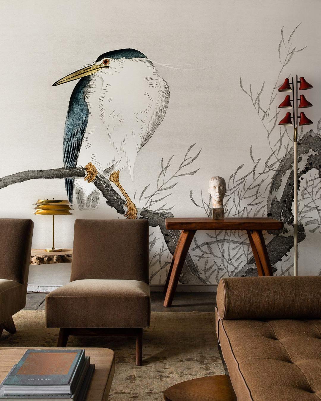 Serene Watercolour Heron mural wallpaper in lounge, brown chairs, wooden table, neutral flooring.