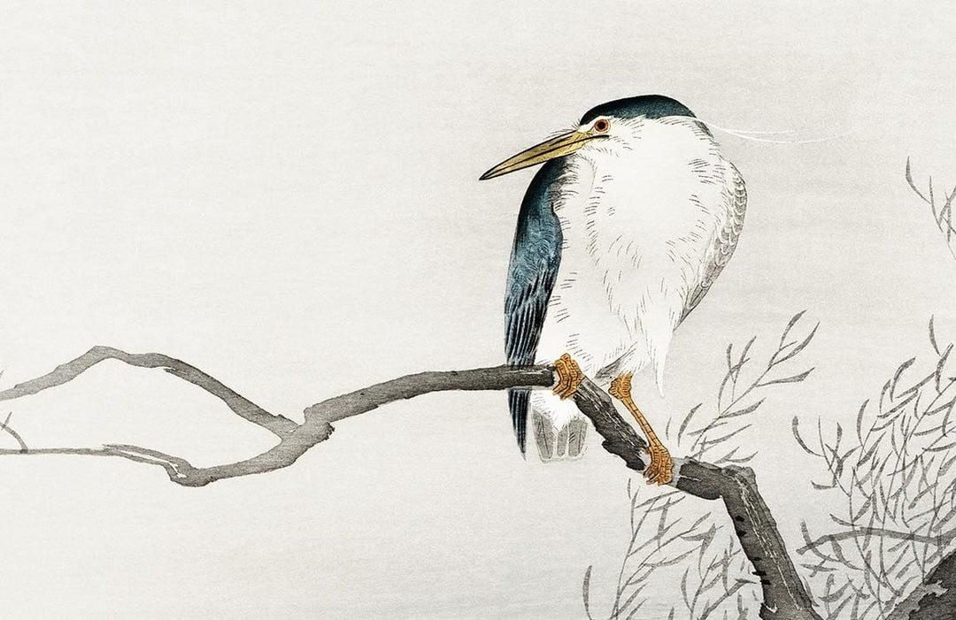 Serene Watercolour Heron on Branch Nature-Inspired Mural Wallpaper Design