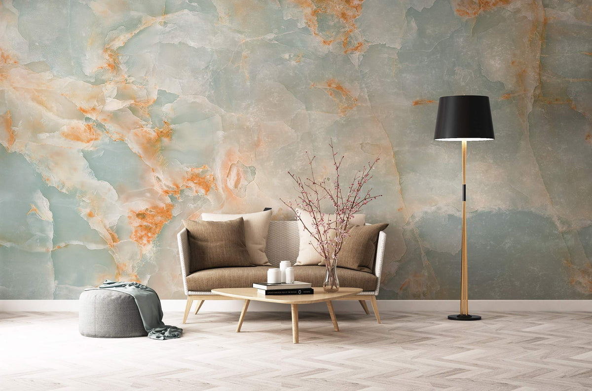 Ethereal Aqua Coral Marble Mural Wallpaper, elegant sofa, modern lamp, stylish herringbone flooring, living room.