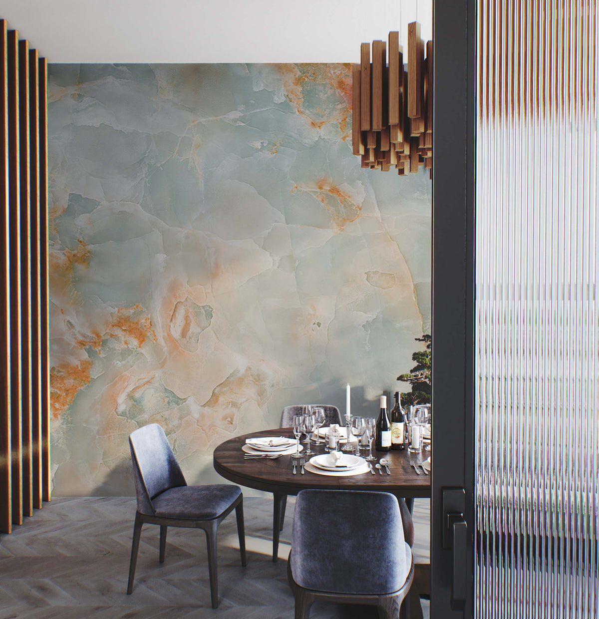Luxurious dining room featuring Ethereal Aqua and Coral Marble Mural Wallpaper, wooden floor, velvet chairs.