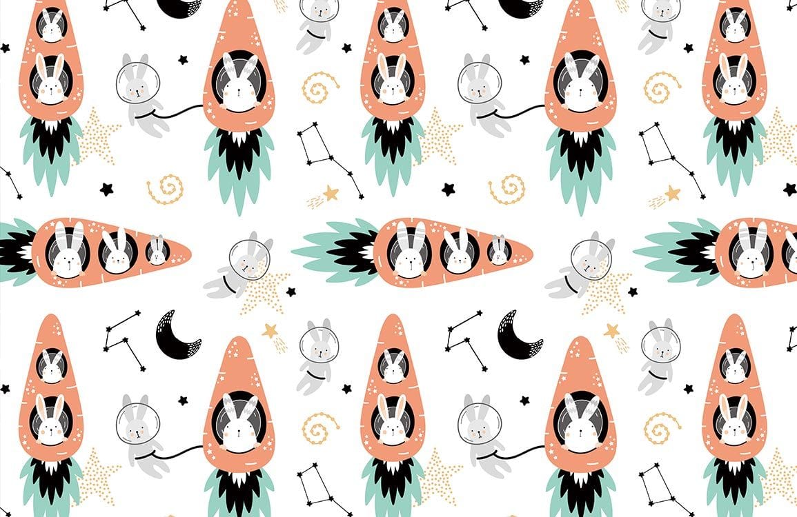 Playful Animal Rocketship Adventure Children's Mural Wallpaper in Pastel Tones