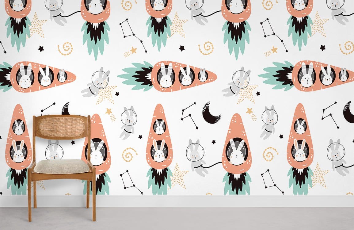 Playful children's mural wallpaper with animal rocketship design, pastel tones, wooden chair, grey flooring.