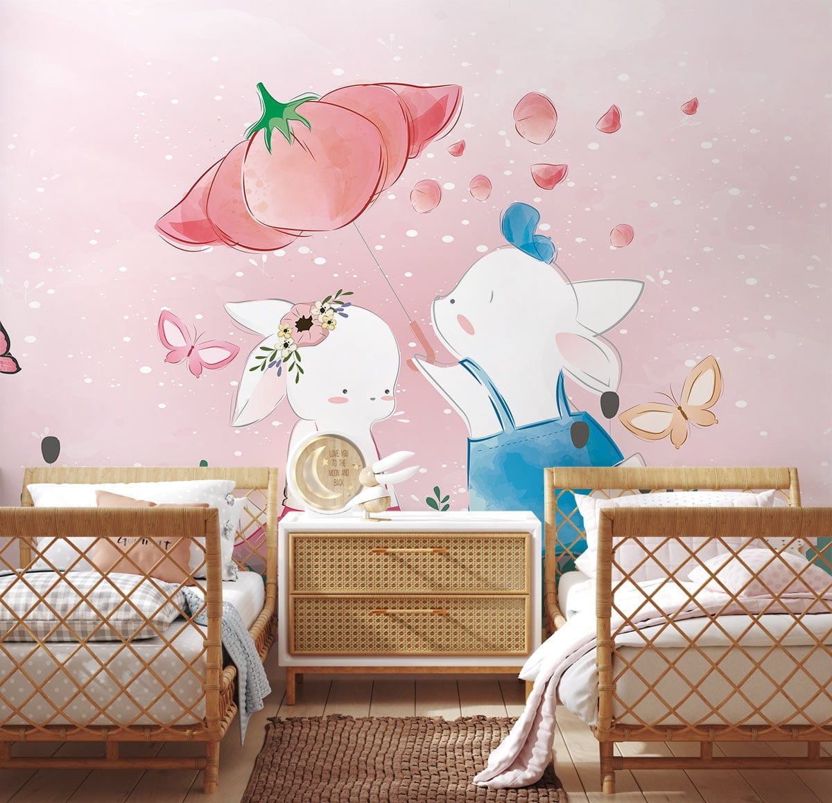 Children's room pink mural wallpaper featuring whimsical animals, rattan beds, wooden flooring, whimsical decor.