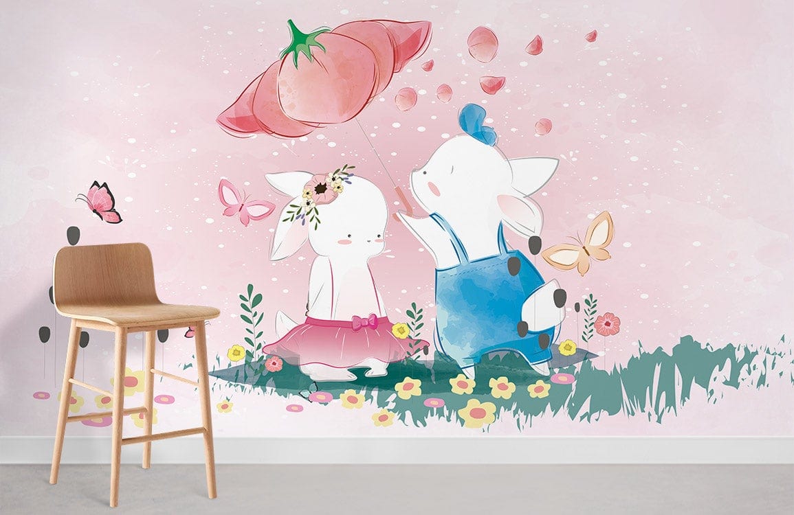Whimsical pink animal fantasy mural wallpaper in children's room with wooden chair, featuring playful characters.