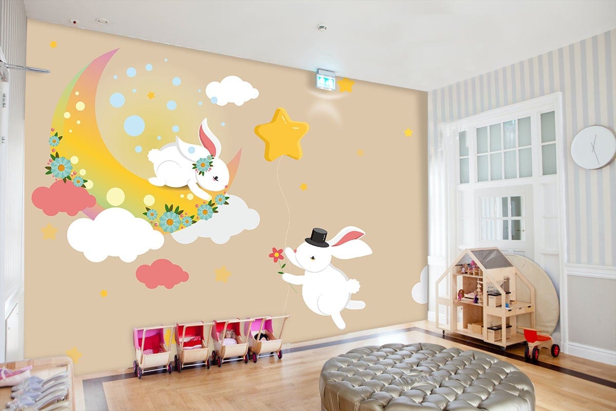 Whimsical Rabbit Adventure pastel nursery wallpaper with stars, clouds, striped walls, wooden flooring, playroom decor.