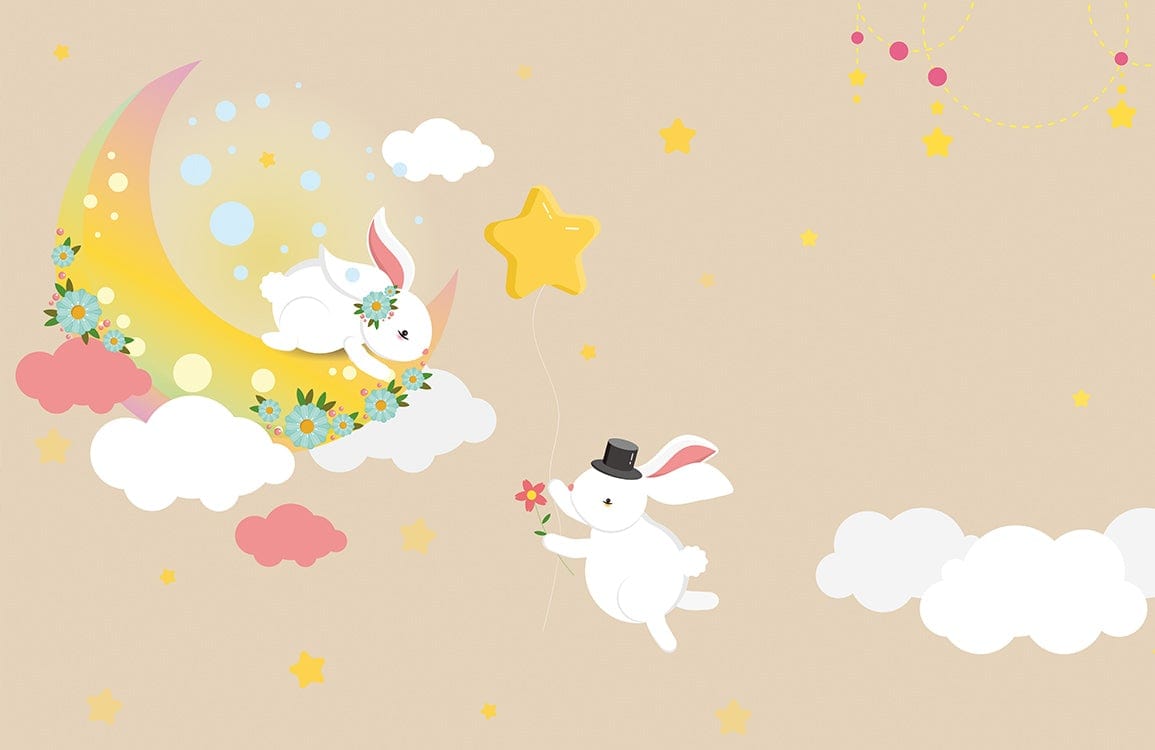 Whimsical Rabbit Adventure Pastel Nursery Wallpaper Mural with Stars and Clouds