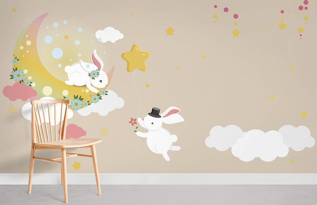 Whimsical rabbit wallpaper mural in pastel nursery with wooden chair, star decor, and beige walls.
