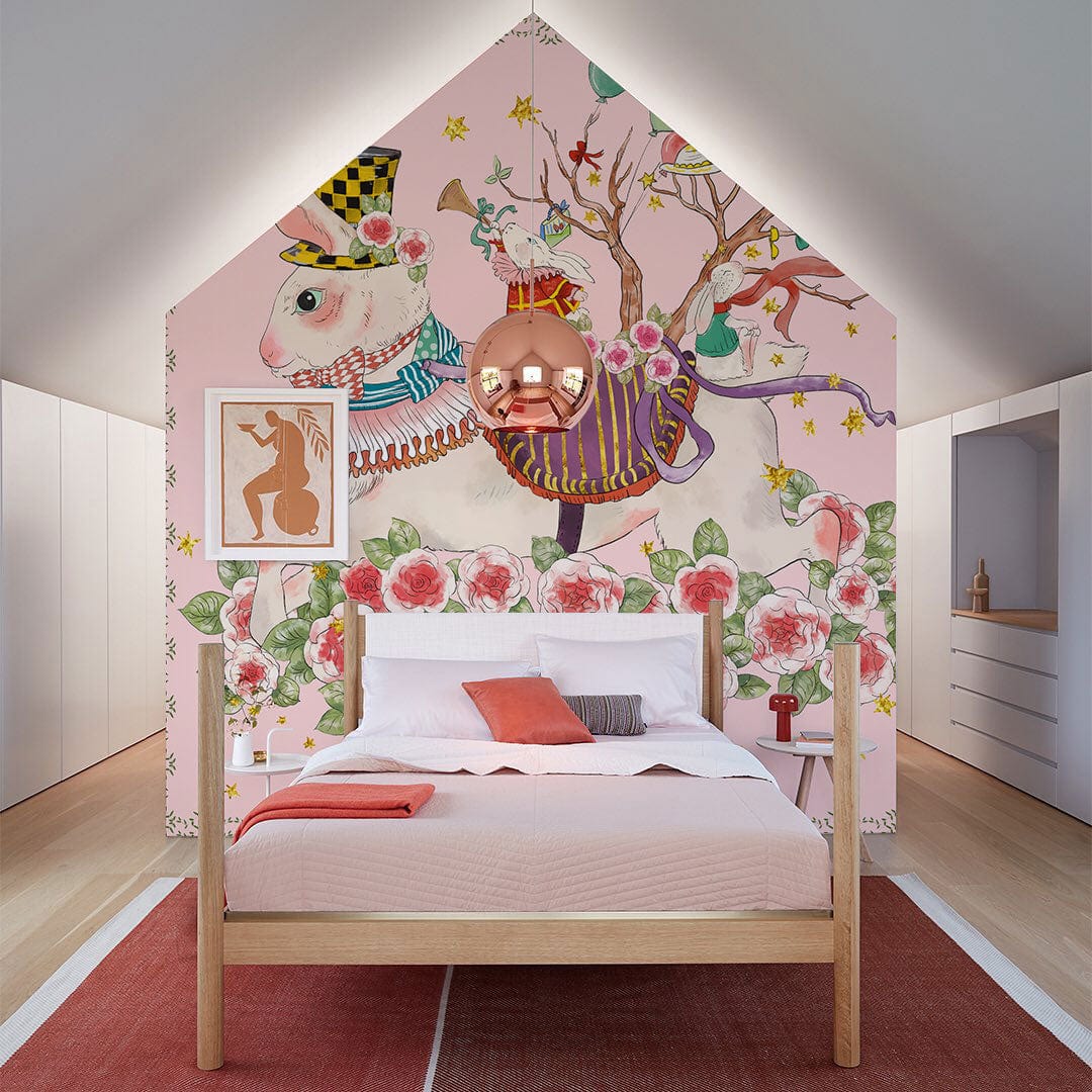 Enchanting pastel rabbit floral mural wallpaper, vintage style, wooden bed, pink accents, modern bedroom.