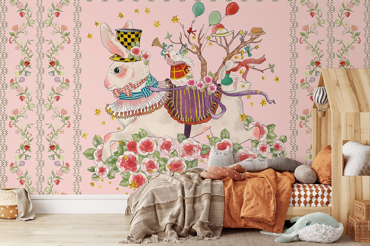 Enchanting Pastel Wonderland Rabbit Floral Mural Wallpaper in cosy children's room with wooden bed and cushions.