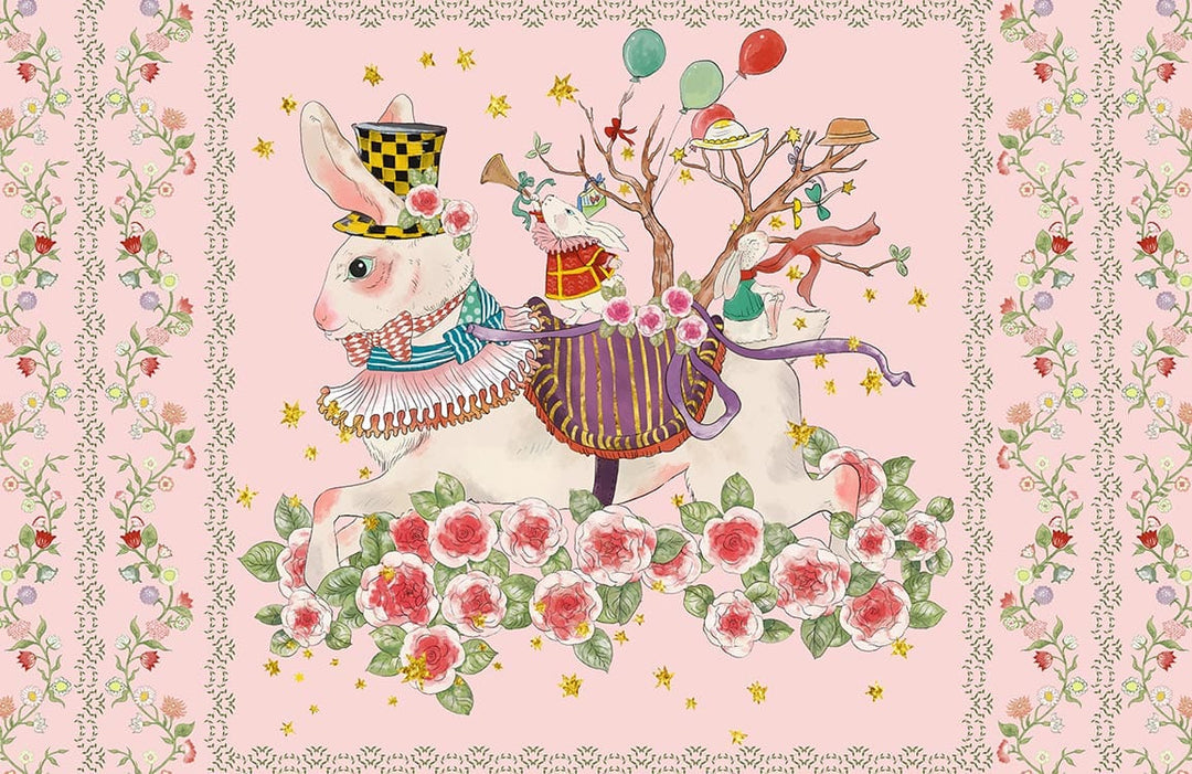 Enchanting Pastel Wonderland Rabbit Floral Mural Wallpaper - Quirky Vintage Style