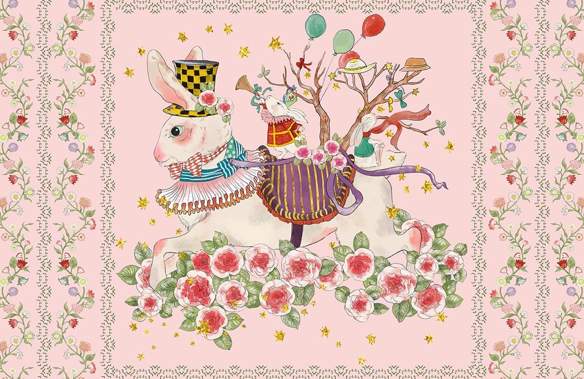 Enchanting Pastel Wonderland Rabbit Floral Mural Wallpaper - Quirky Vintage Style