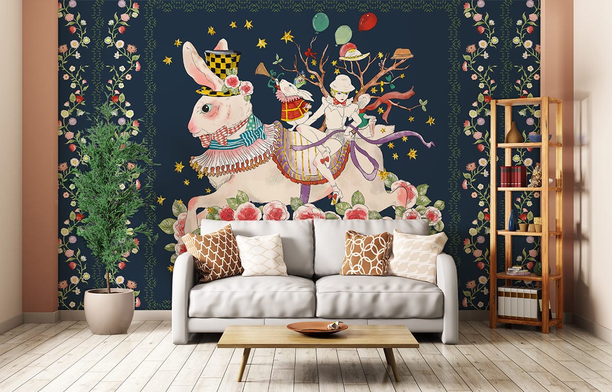 Whimsical Wonderland Rabbit mural, vintage colours, light sofa, wooden flooring, minimal decor, living room setting.
